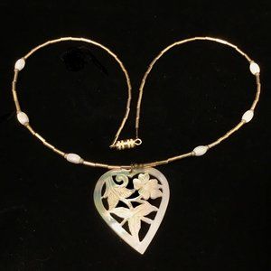 Vintage Mother of Pearl Floral Heart Necklace, MOP Beads / Gold Tone Spacers